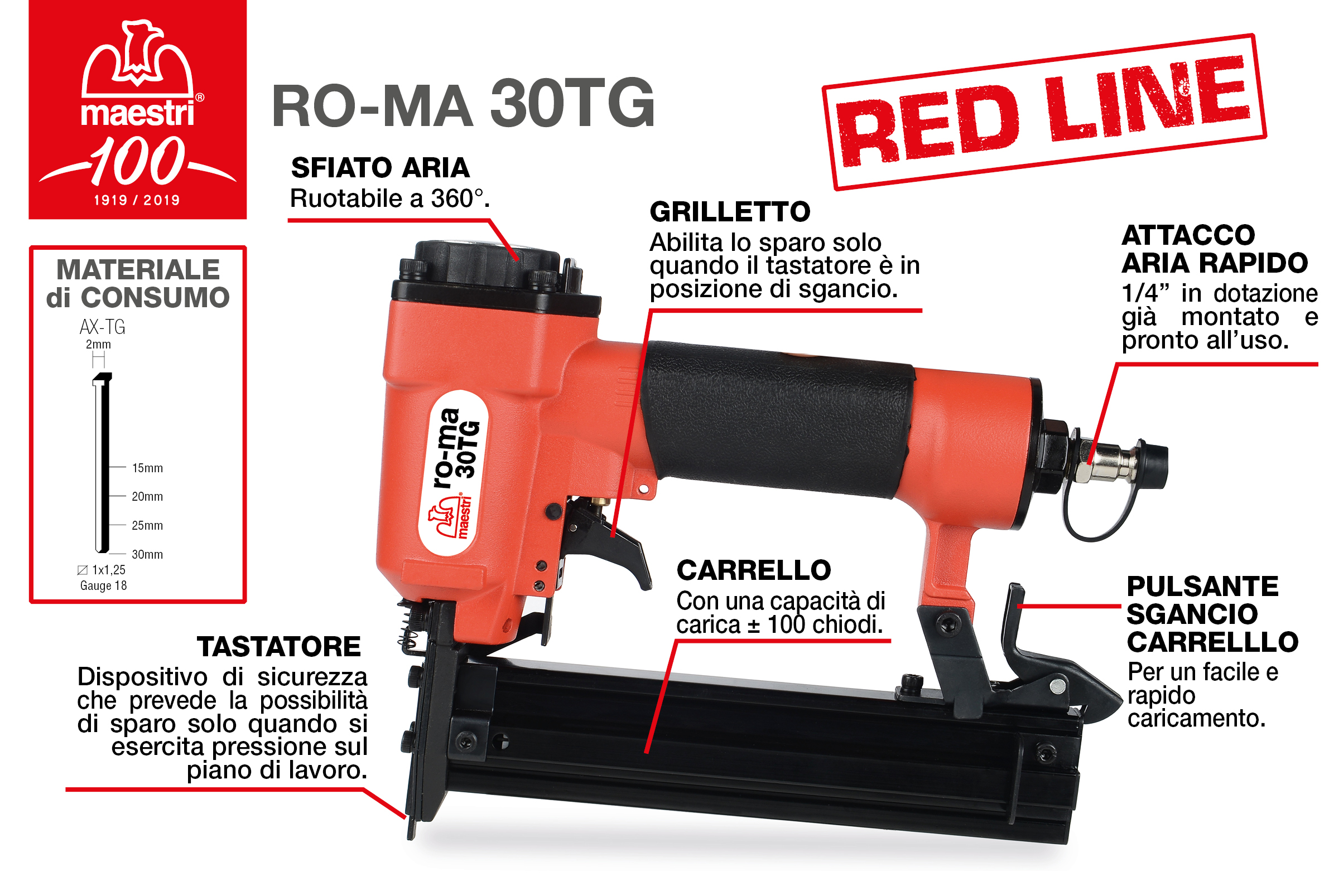 CHIODATRICE PNEUMATICA RED LINE ROMEO MAESTRI RO-MA 30TG PER CHIODI